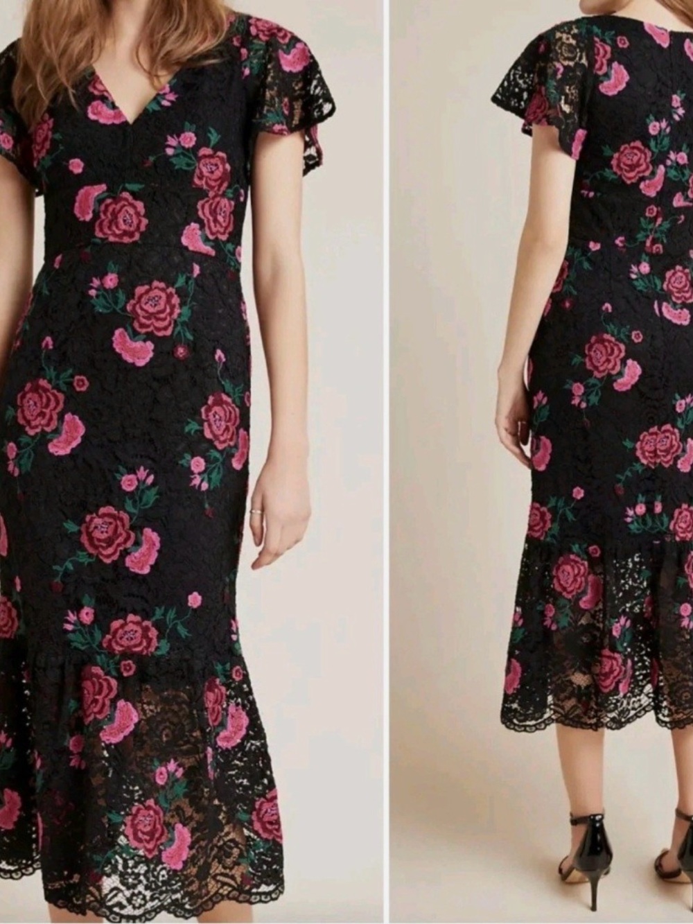 Shoshanna Audette Rose Embroidered Lace Midi Dress